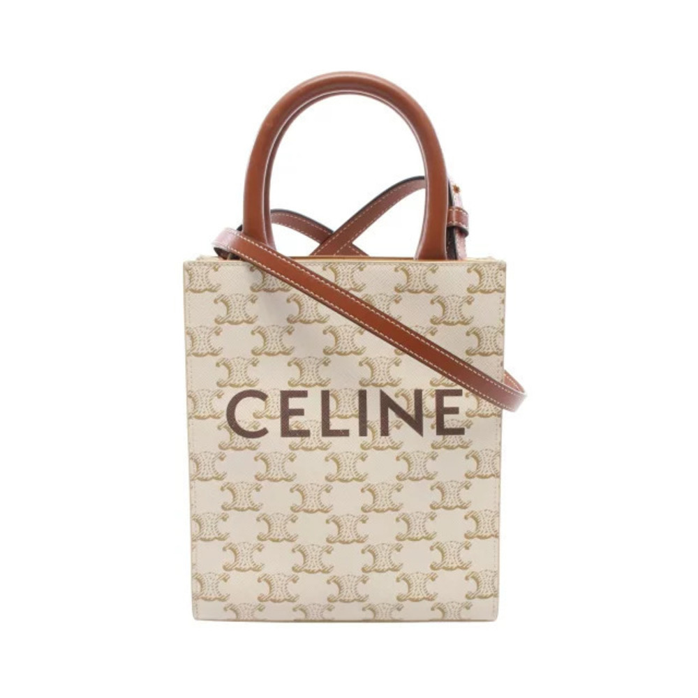 Celine Vertical Cabas Triomphe Handbag Canvas Leather Ivory White Brown